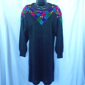 VTG Mister Noah 80s Beaded Sweater Dress Womens Medium Sequins